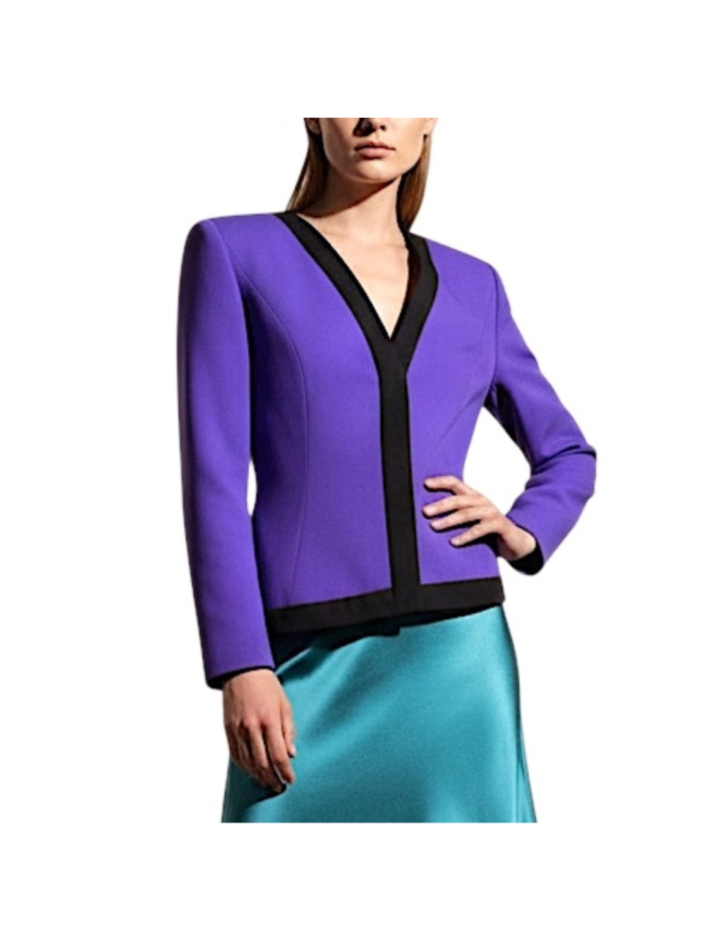 Vtg 80s pure wool purple black asymmetrical hem fitted power shoulder blazer 6